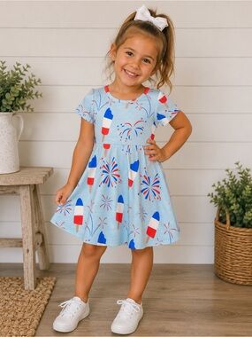 Light Blue Firework & Rocket Print Girls' Dress
